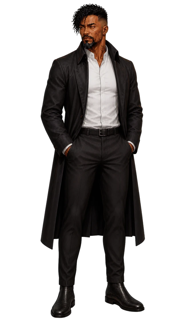 Ray in a long dark coat over a white shirt