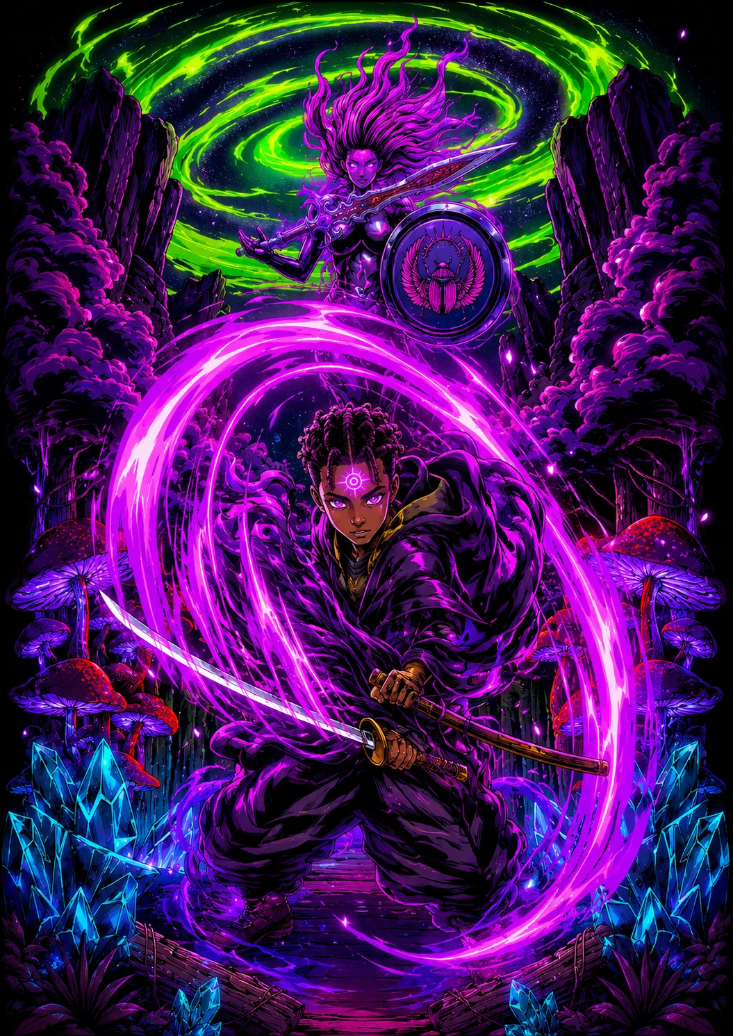 Roku surrounded by violet energy with the Watcher